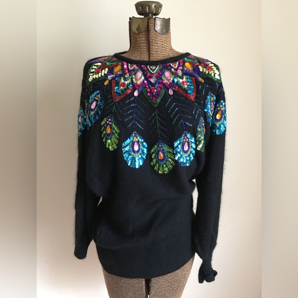 Vintage Sequin & Beaded Cedars Black Knit Dress Sweater Size: M - Picture 12 of 14